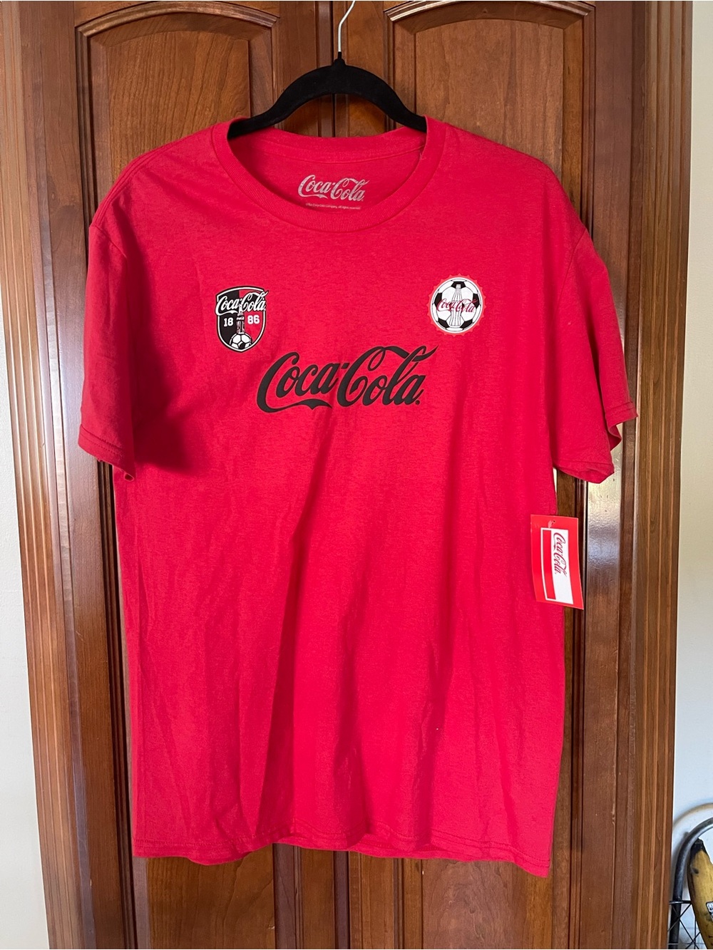 Coca Cola Red Crew Neck Tee with Black Logo and Soccer Badges